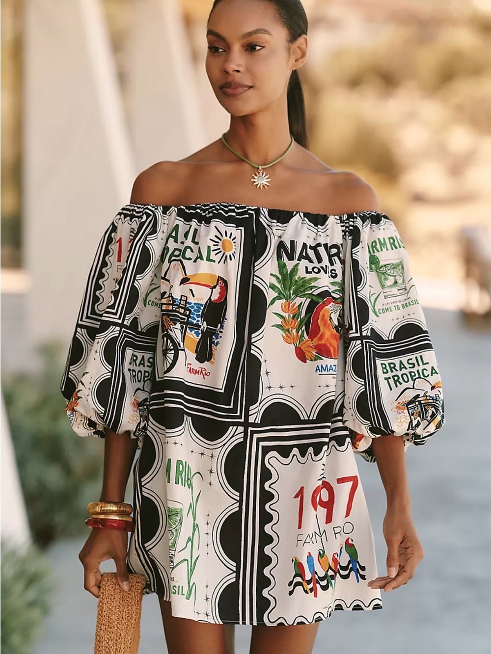 FARM Rio Off-Shoulder Tropical Patchwork Mini Dress - White/Black/Green/Red